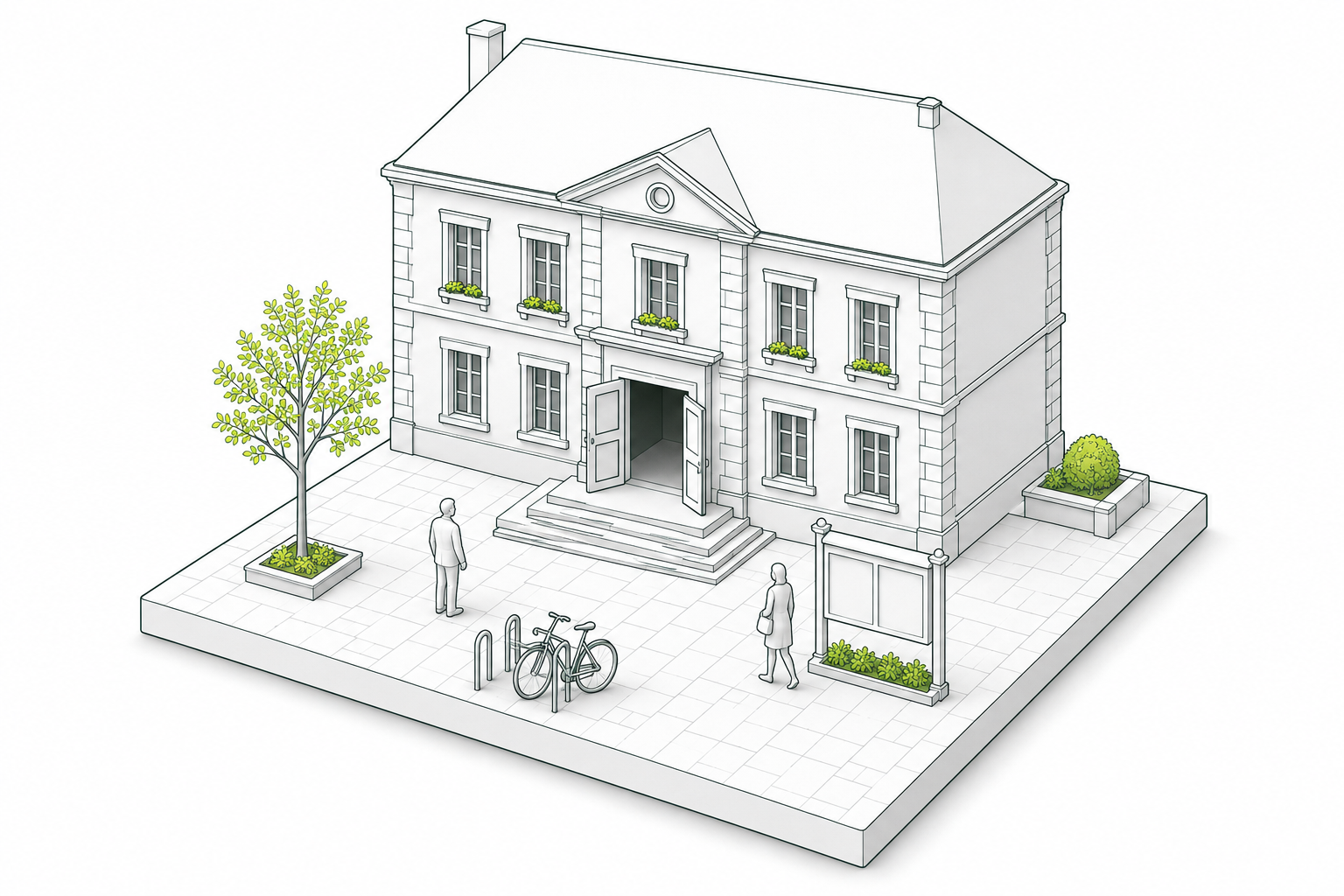 Mairie en volume, place arborée, panneau municipal et stationnement vélo.